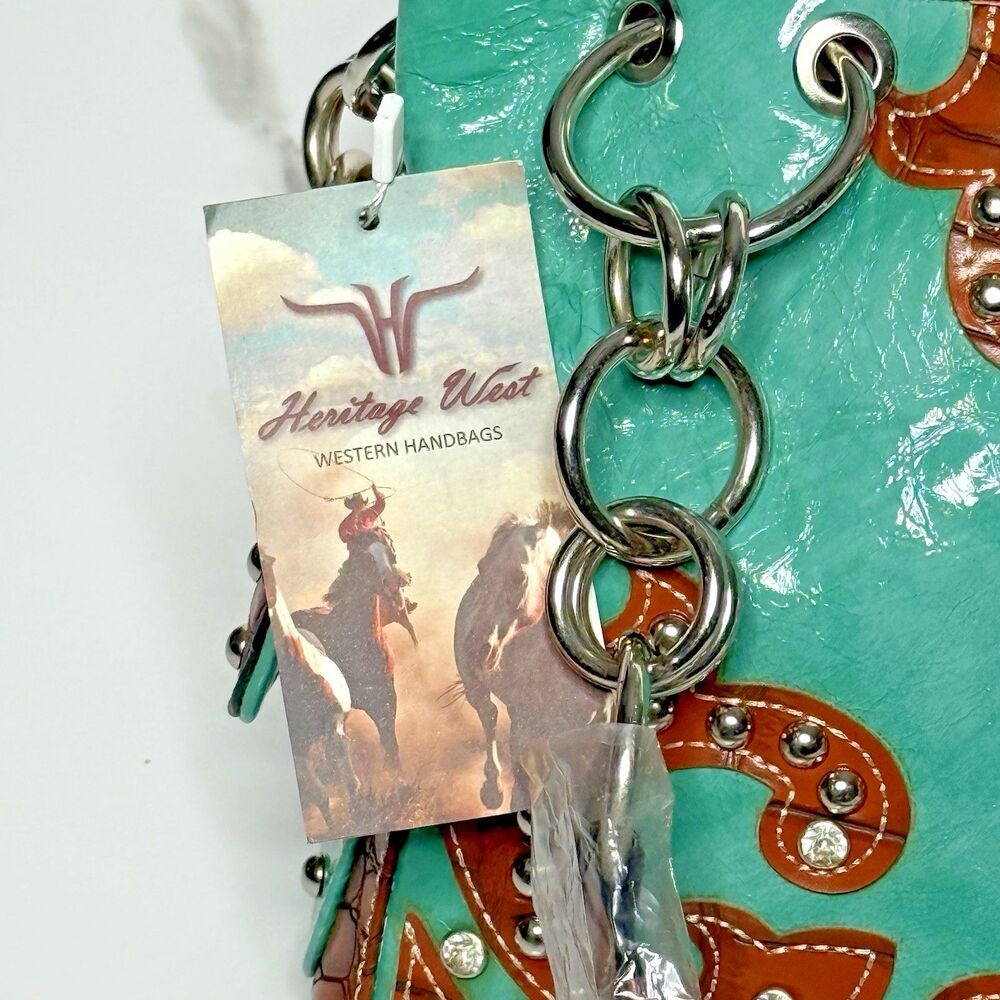 Western Turquoise Rhinestone Cross Handbag Tooled Brown Faux Leather Chain Strap - Picture 6 of 14